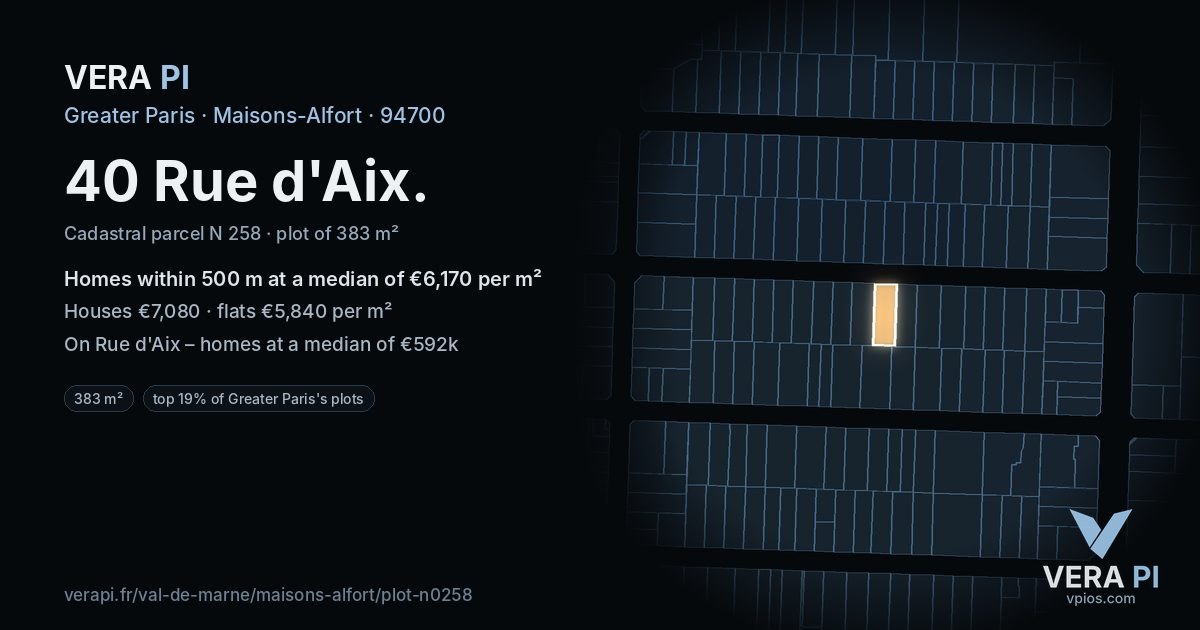 40 Rue d'Aix, Maisons-Alfort at night – the plot lit, the parcels around coloured by the prices near them