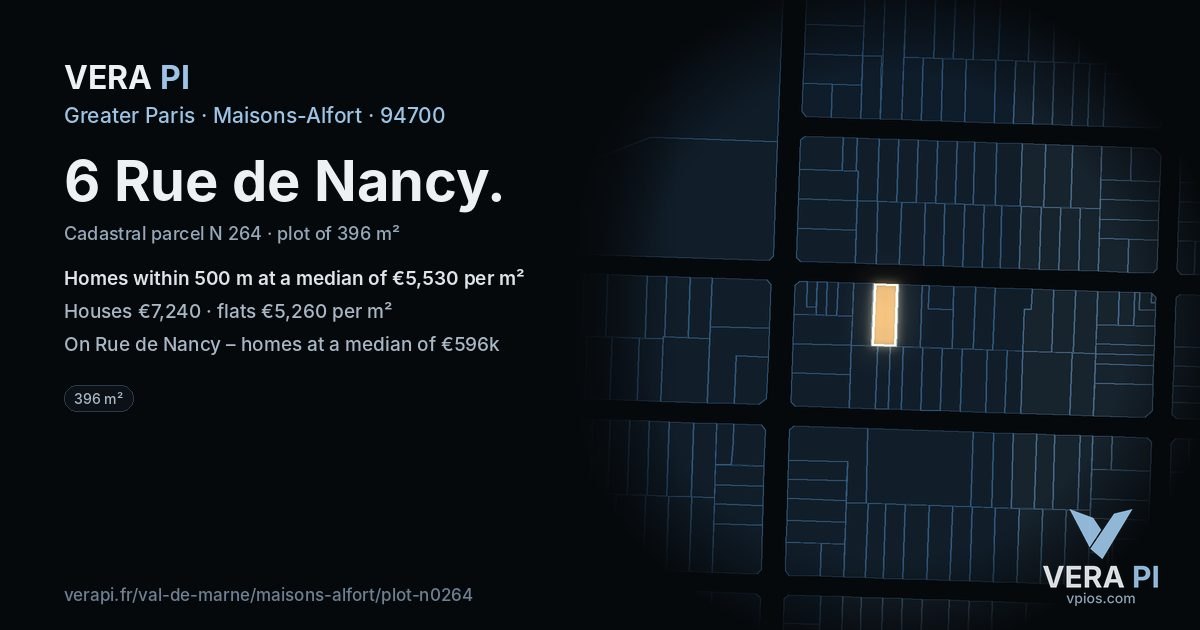 6 Rue de Nancy, Maisons-Alfort at night – the plot lit, the parcels around coloured by the prices near them