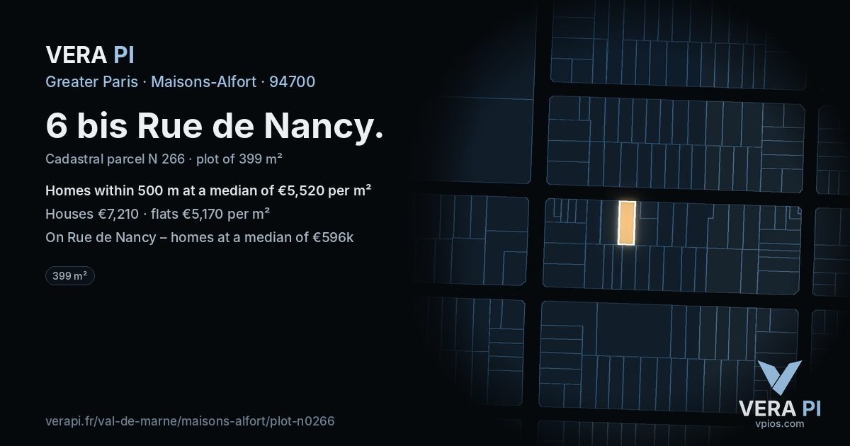 6 bis Rue de Nancy, Maisons-Alfort at night – the plot lit, the parcels around coloured by the prices near them