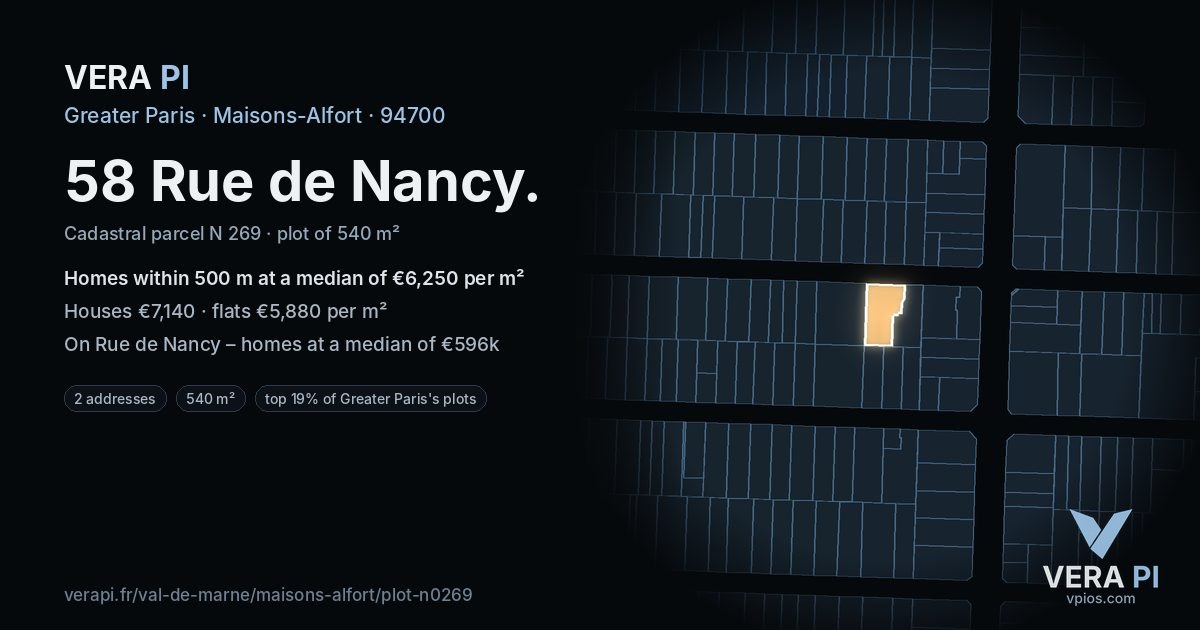 58 Rue de Nancy, Maisons-Alfort at night – the plot lit, the parcels around coloured by the prices near them