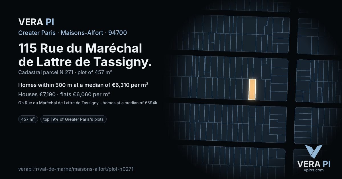 115 Rue du Maréchal de Lattre de Tassigny, Maisons-Alfort at night – the plot lit, the parcels around coloured by the prices near them