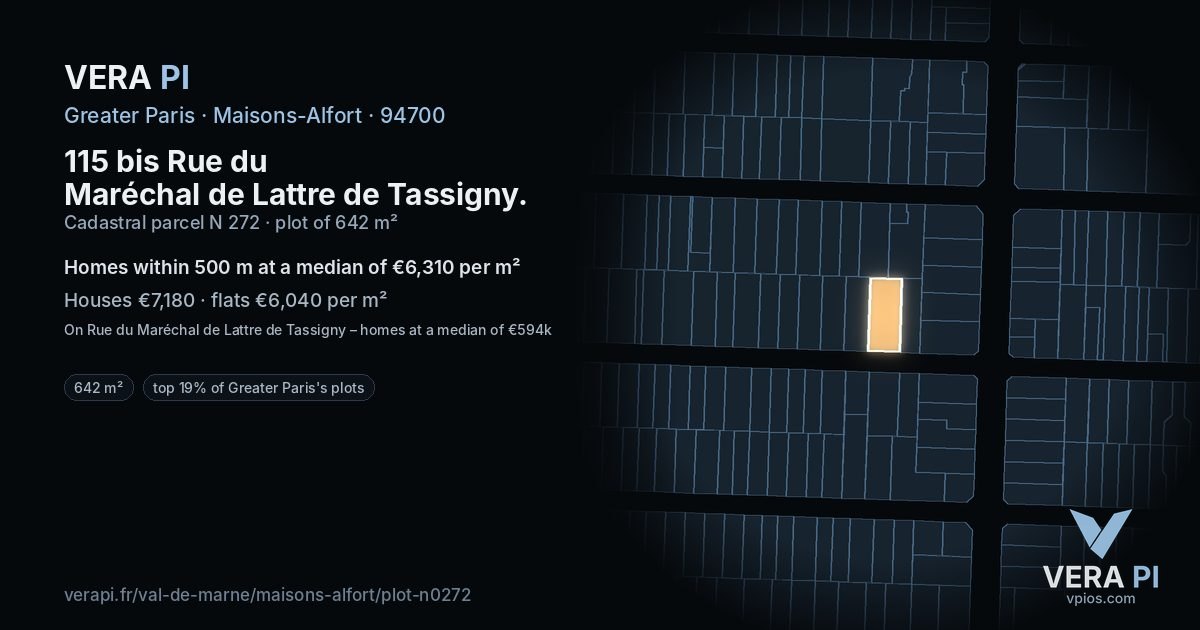 115 bis Rue du Maréchal de Lattre de Tassigny, Maisons-Alfort at night – the plot lit, the parcels around coloured by the prices near them