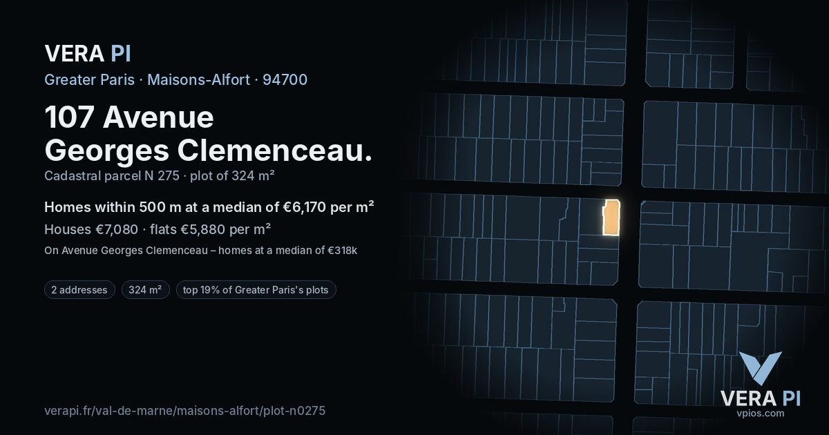 107 Avenue Georges Clemenceau, Maisons-Alfort at night – the plot lit, the parcels around coloured by the prices near them