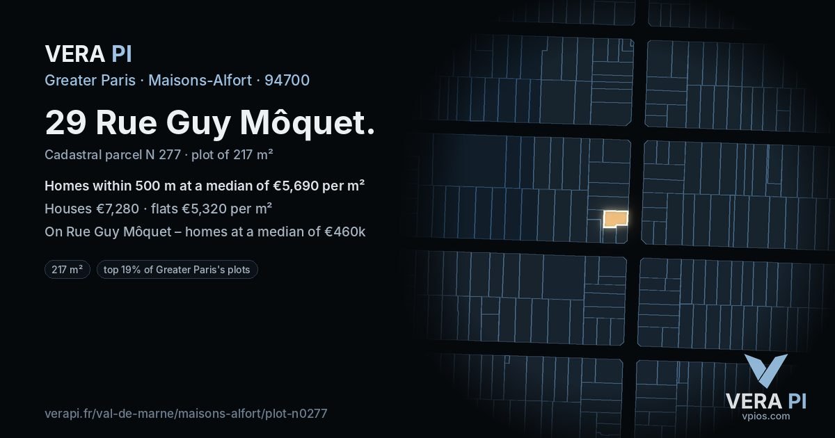 29 Rue Guy Môquet, Maisons-Alfort at night – the plot lit, the parcels around coloured by the prices near them