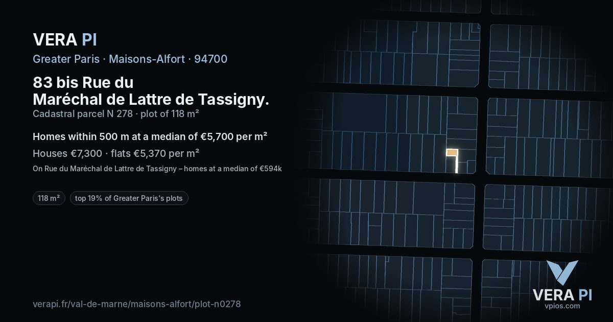 83 bis Rue du Maréchal de Lattre de Tassigny, Maisons-Alfort at night – the plot lit, the parcels around coloured by the prices near them