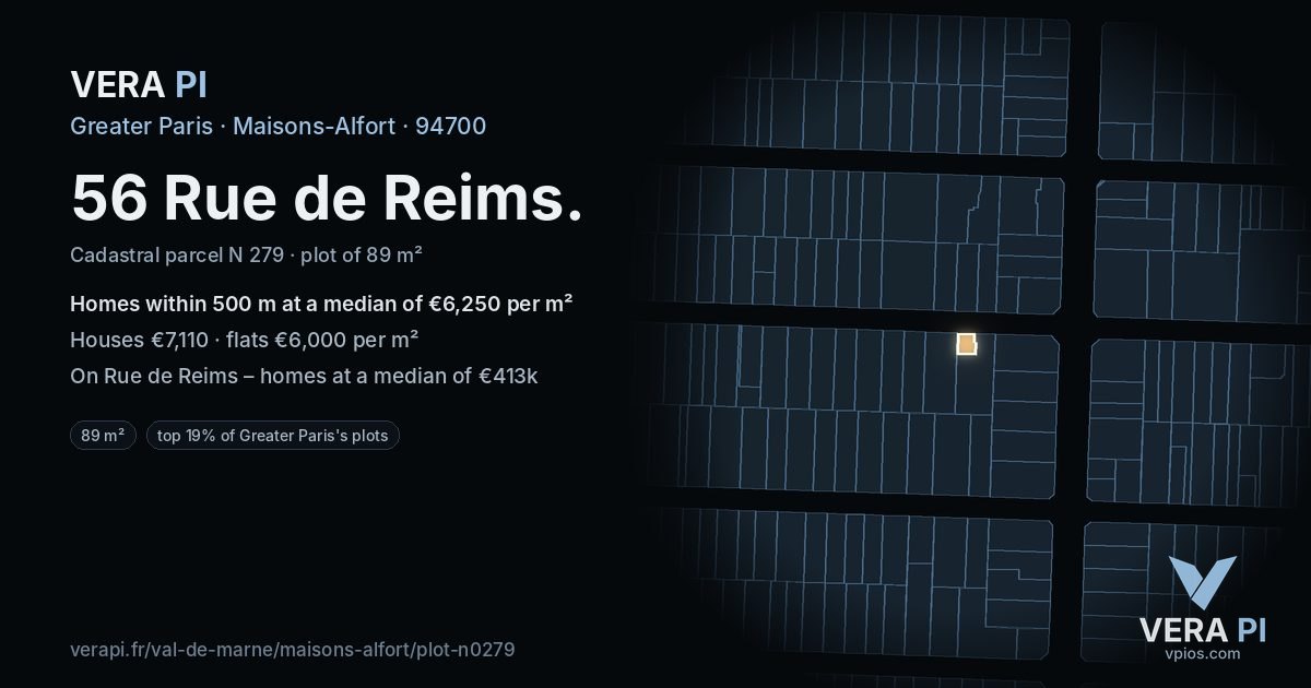 56 Rue de Reims, Maisons-Alfort at night – the plot lit, the parcels around coloured by the prices near them
