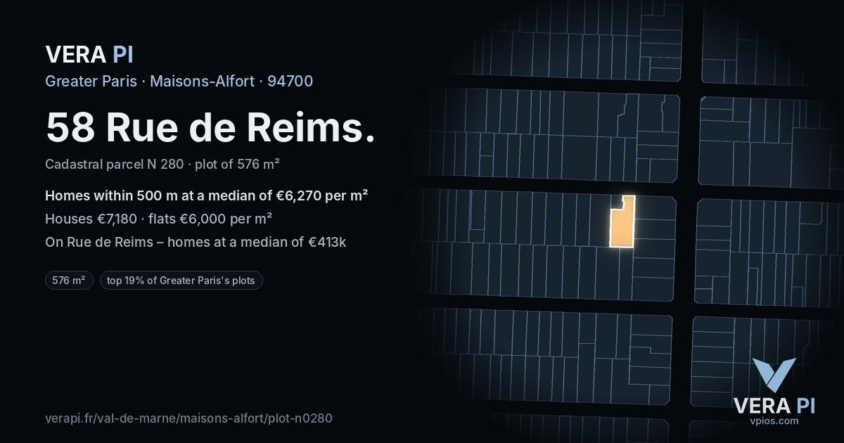 58 Rue de Reims, Maisons-Alfort at night – the plot lit, the parcels around coloured by the prices near them