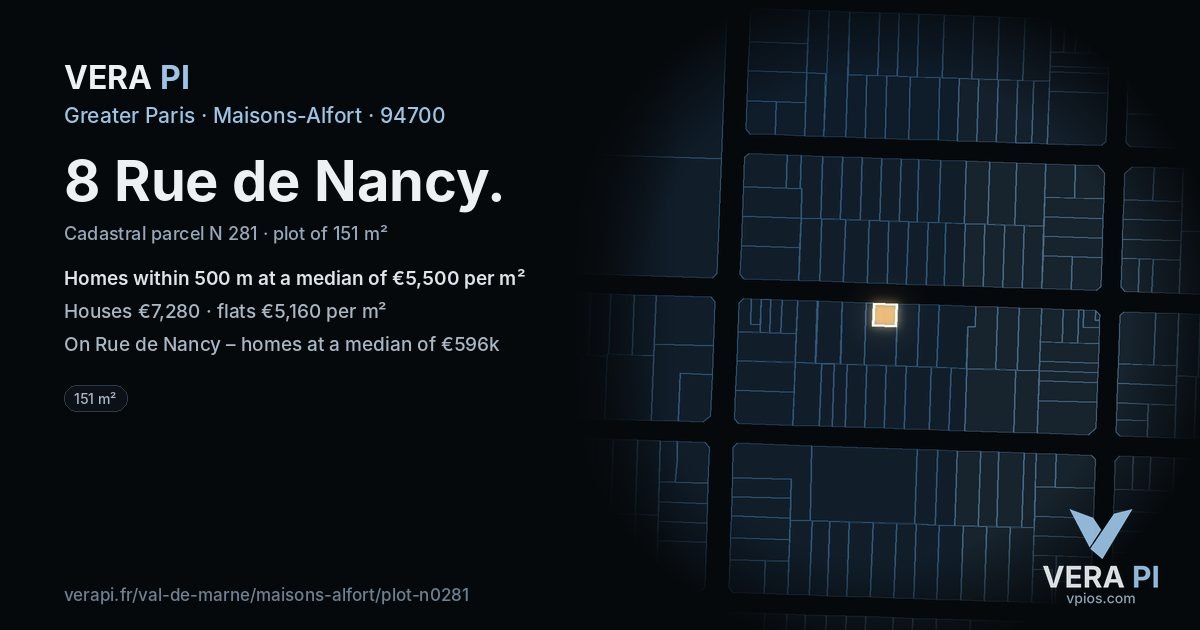 8 Rue de Nancy, Maisons-Alfort at night – the plot lit, the parcels around coloured by the prices near them