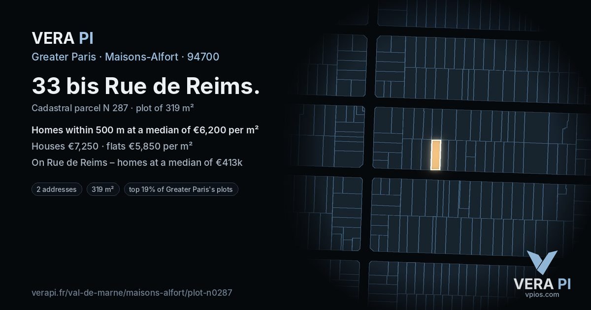 33 bis Rue de Reims, Maisons-Alfort at night – the plot lit, the parcels around coloured by the prices near them
