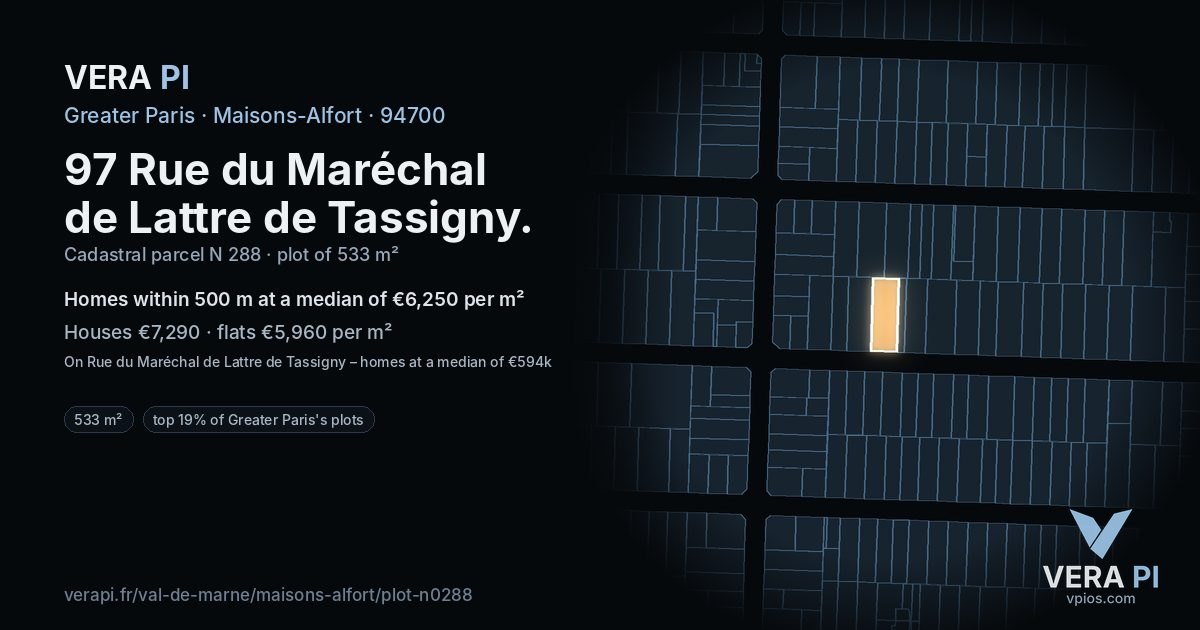 97 Rue du Maréchal de Lattre de Tassigny, Maisons-Alfort at night – the plot lit, the parcels around coloured by the prices near them
