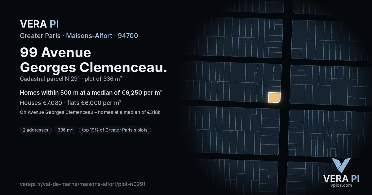 99 Avenue Georges Clemenceau, Maisons-Alfort at night – the plot lit, the parcels around coloured by the prices near them