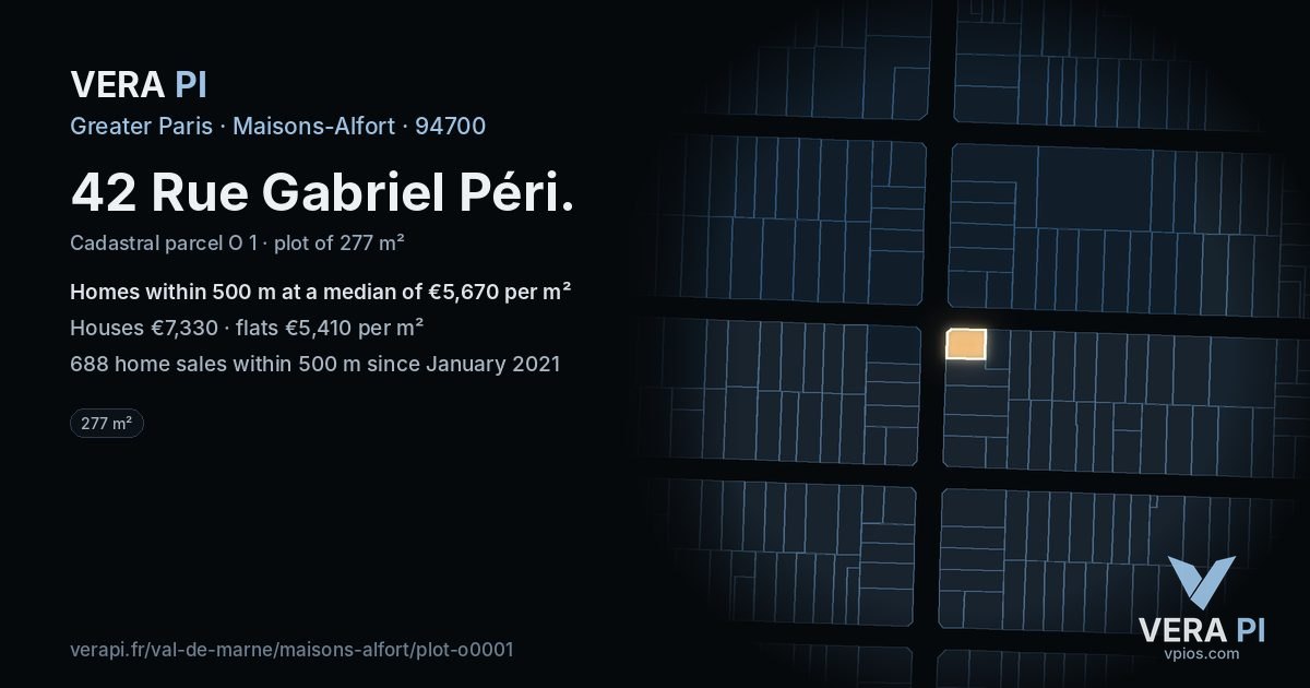 42 Rue Gabriel Péri, Maisons-Alfort at night – the plot lit, the parcels around coloured by the prices near them