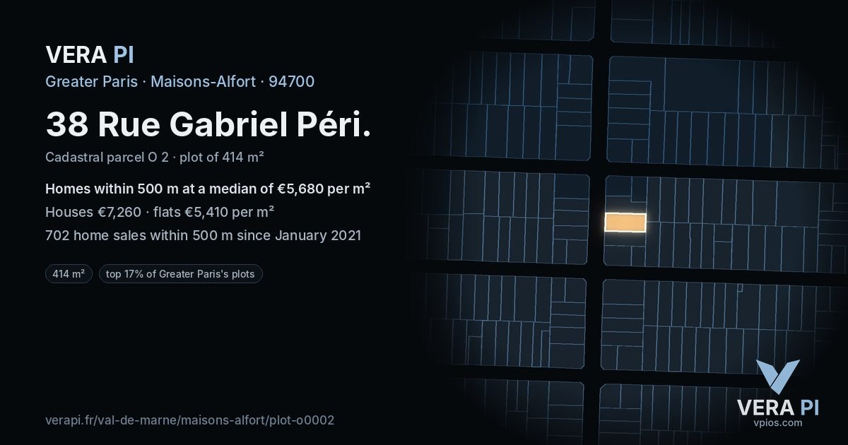 38 Rue Gabriel Péri, Maisons-Alfort at night – the plot lit, the parcels around coloured by the prices near them