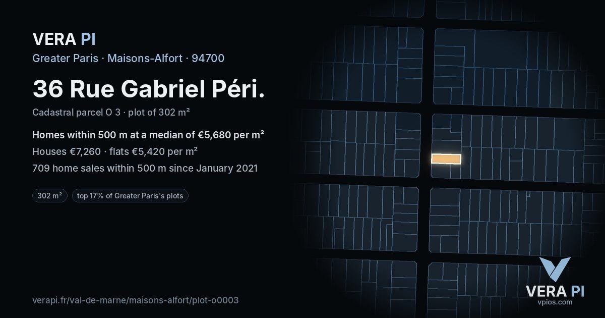 36 Rue Gabriel Péri, Maisons-Alfort at night – the plot lit, the parcels around coloured by the prices near them