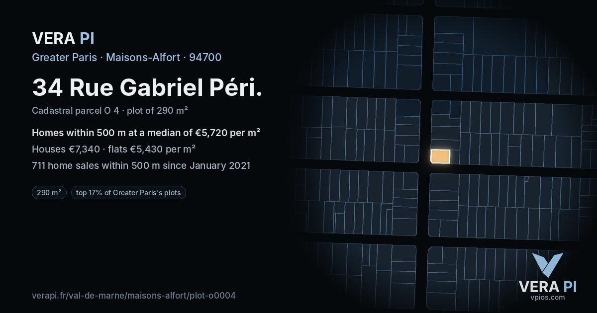 34 Rue Gabriel Péri, Maisons-Alfort at night – the plot lit, the parcels around coloured by the prices near them