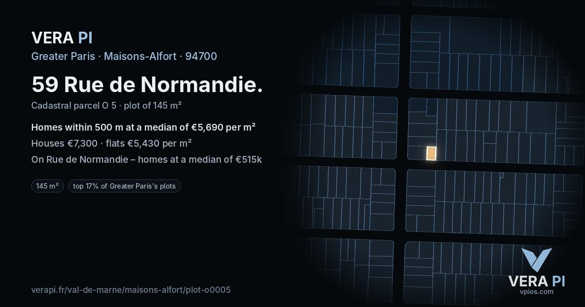 59 Rue de Normandie, Maisons-Alfort at night – the plot lit, the parcels around coloured by the prices near them