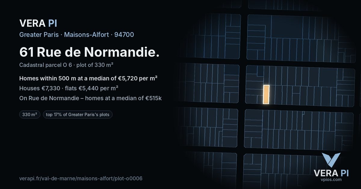 61 Rue de Normandie, Maisons-Alfort at night – the plot lit, the parcels around coloured by the prices near them