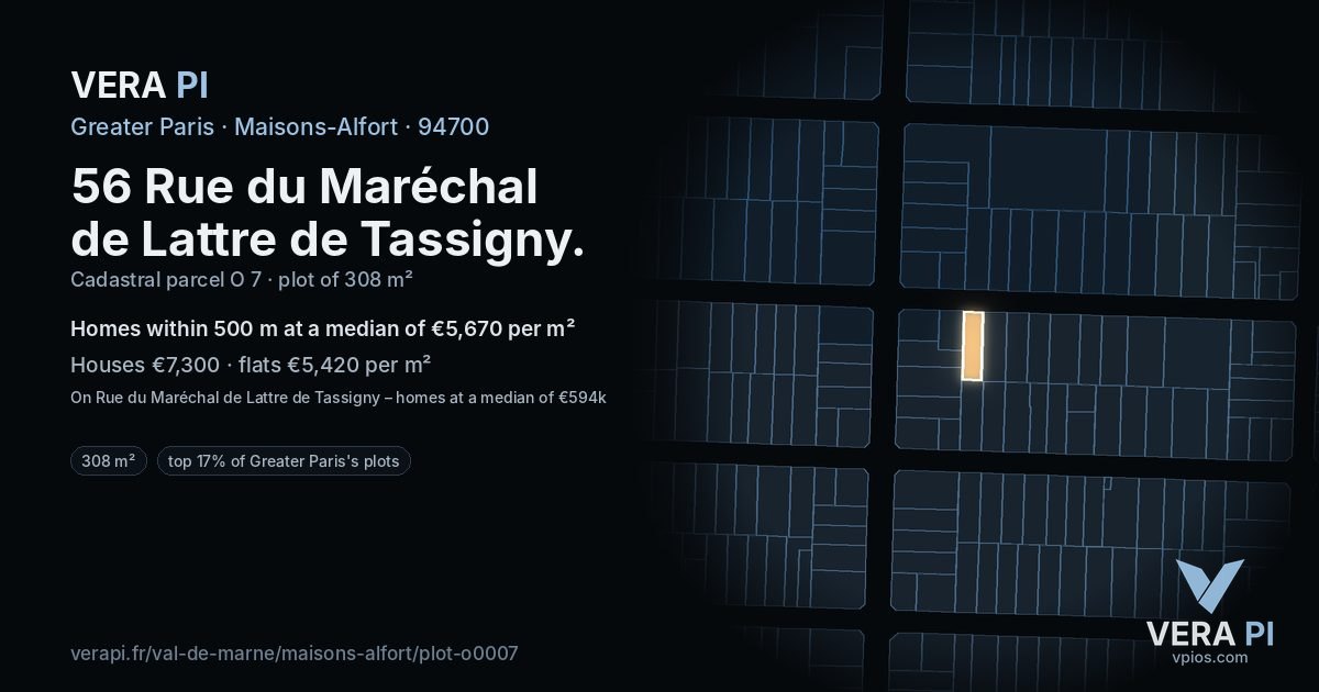 56 Rue du Maréchal de Lattre de Tassigny, Maisons-Alfort at night – the plot lit, the parcels around coloured by the prices near them