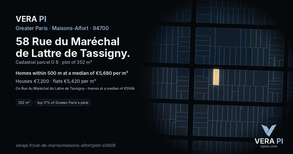 58 Rue du Maréchal de Lattre de Tassigny, Maisons-Alfort at night – the plot lit, the parcels around coloured by the prices near them
