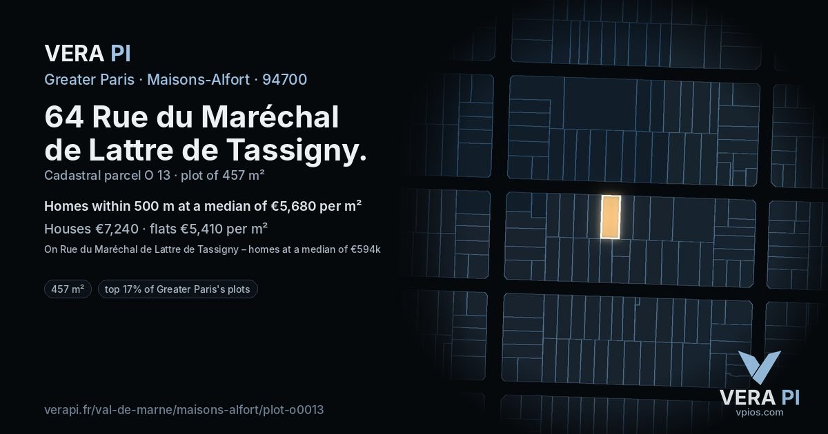 64 Rue du Maréchal de Lattre de Tassigny, Maisons-Alfort at night – the plot lit, the parcels around coloured by the prices near them