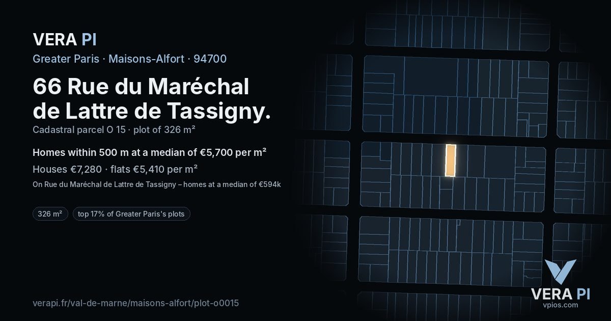 66 Rue du Maréchal de Lattre de Tassigny, Maisons-Alfort at night – the plot lit, the parcels around coloured by the prices near them