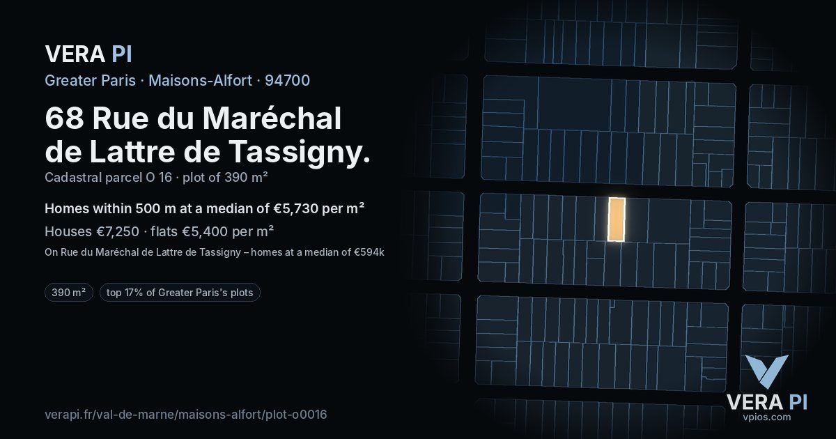 68 Rue du Maréchal de Lattre de Tassigny, Maisons-Alfort at night – the plot lit, the parcels around coloured by the prices near them