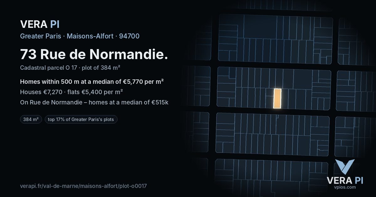 73 Rue de Normandie, Maisons-Alfort at night – the plot lit, the parcels around coloured by the prices near them