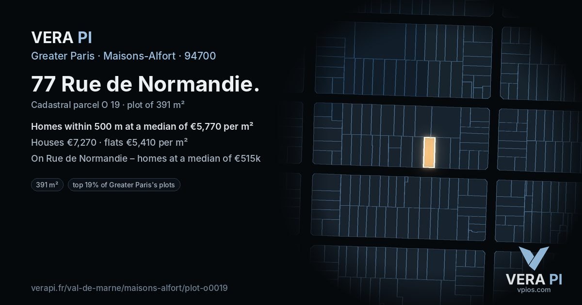 77 Rue de Normandie, Maisons-Alfort at night – the plot lit, the parcels around coloured by the prices near them