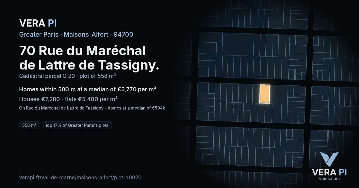 70 Rue du Maréchal de Lattre de Tassigny, Maisons-Alfort at night – the plot lit, the parcels around coloured by the prices near them