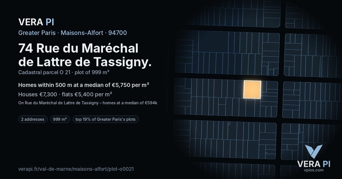 74 Rue du Maréchal de Lattre de Tassigny, Maisons-Alfort at night – the plot lit, the parcels around coloured by the prices near them