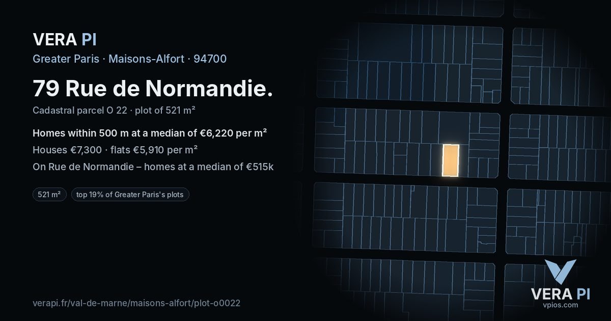 79 Rue de Normandie, Maisons-Alfort at night – the plot lit, the parcels around coloured by the prices near them