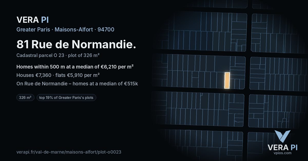 81 Rue de Normandie, Maisons-Alfort at night – the plot lit, the parcels around coloured by the prices near them