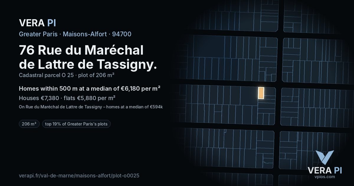 76 Rue du Maréchal de Lattre de Tassigny, Maisons-Alfort at night – the plot lit, the parcels around coloured by the prices near them