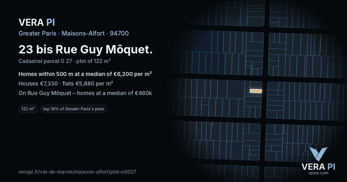 23 bis Rue Guy Môquet, Maisons-Alfort at night – the plot lit, the parcels around coloured by the prices near them