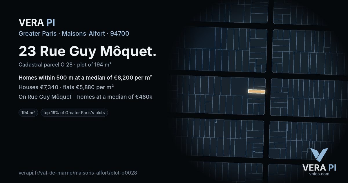 23 Rue Guy Môquet, Maisons-Alfort at night – the plot lit, the parcels around coloured by the prices near them