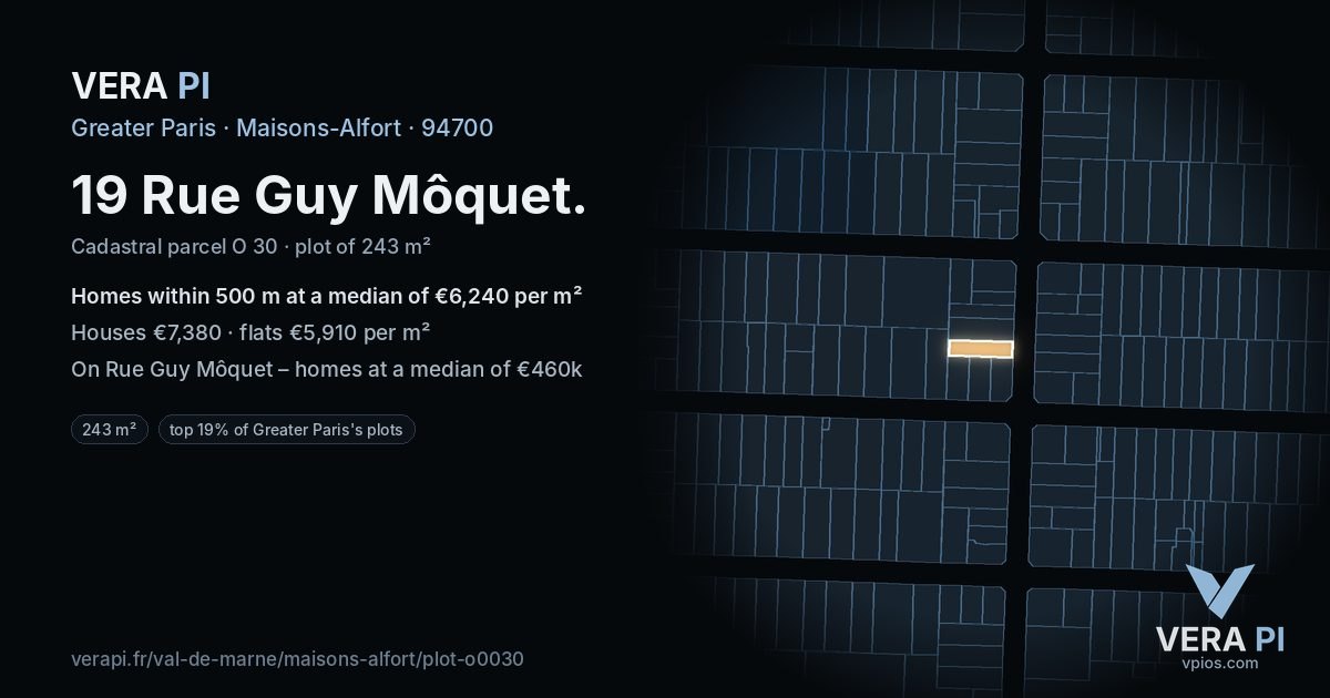 19 Rue Guy Môquet, Maisons-Alfort at night – the plot lit, the parcels around coloured by the prices near them