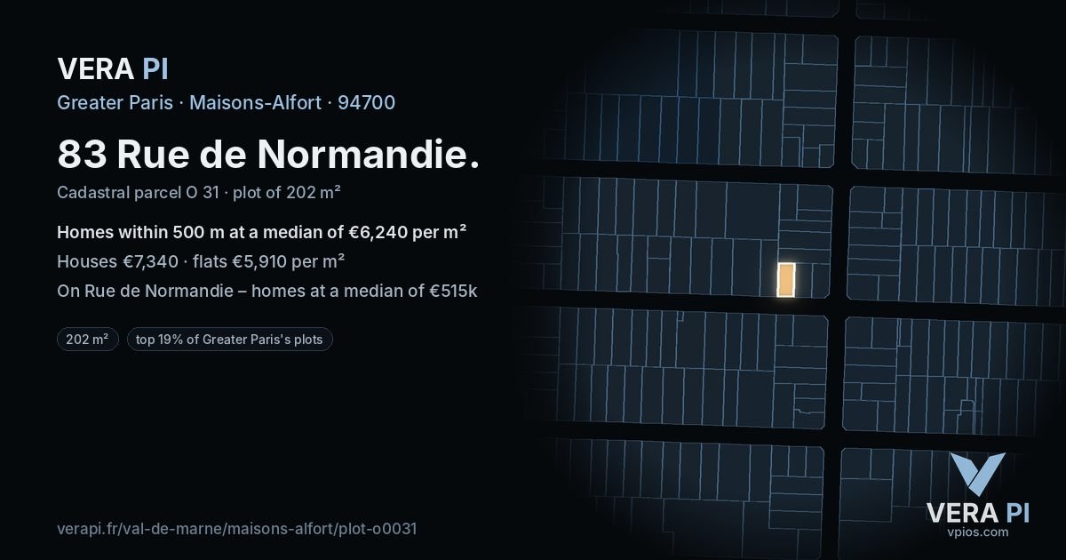 83 Rue de Normandie, Maisons-Alfort at night – the plot lit, the parcels around coloured by the prices near them