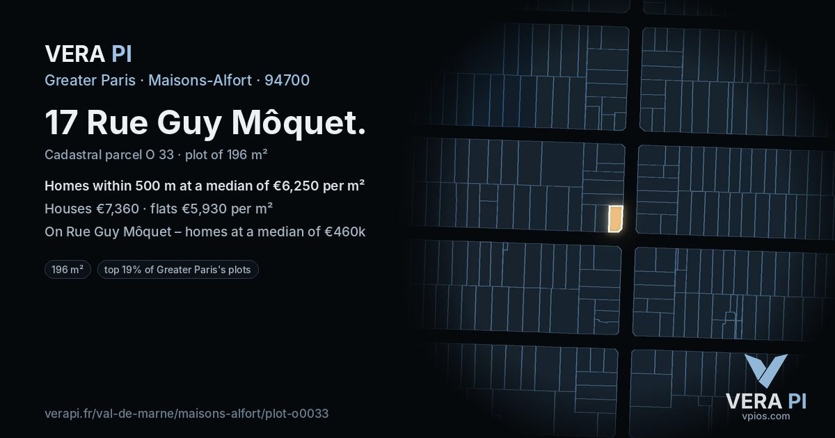17 Rue Guy Môquet, Maisons-Alfort at night – the plot lit, the parcels around coloured by the prices near them