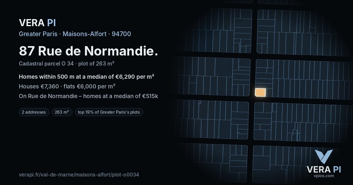 87 Rue de Normandie, Maisons-Alfort at night – the plot lit, the parcels around coloured by the prices near them