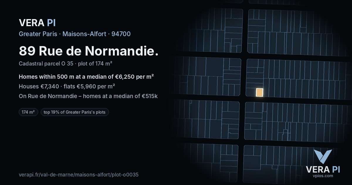89 Rue de Normandie, Maisons-Alfort at night – the plot lit, the parcels around coloured by the prices near them