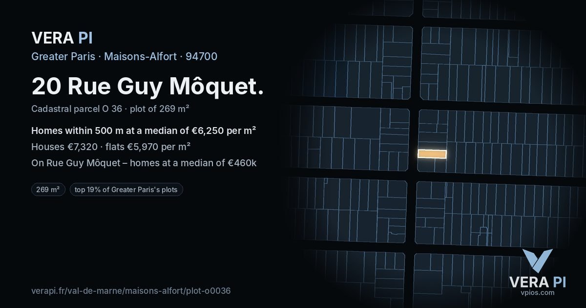 20 Rue Guy Môquet, Maisons-Alfort at night – the plot lit, the parcels around coloured by the prices near them