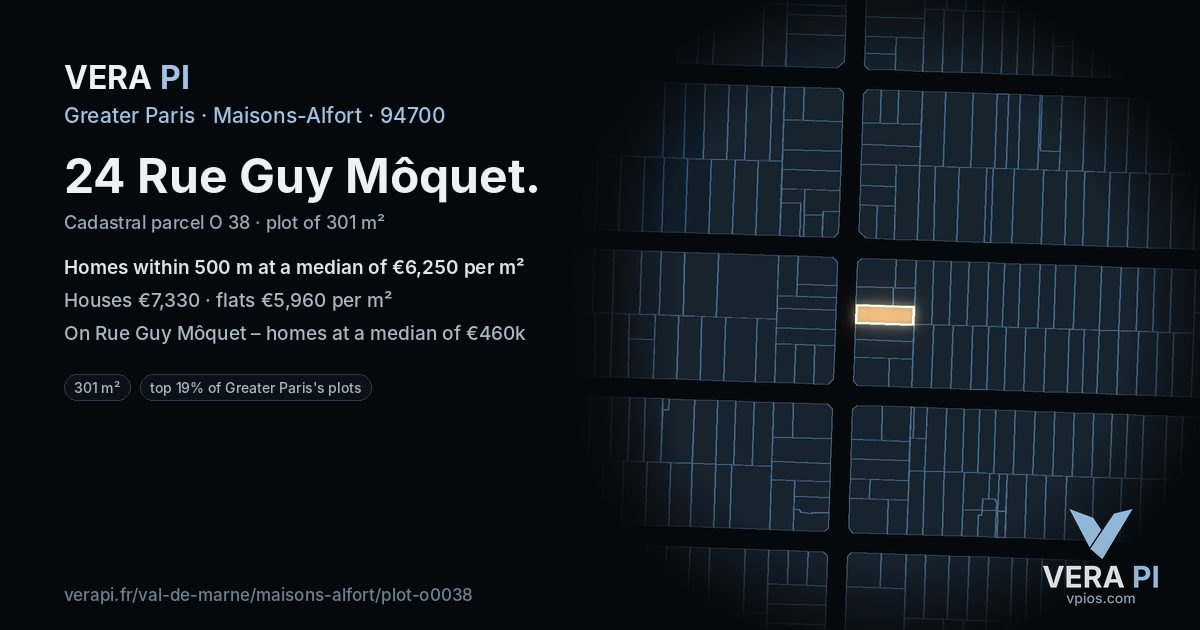24 Rue Guy Môquet, Maisons-Alfort at night – the plot lit, the parcels around coloured by the prices near them