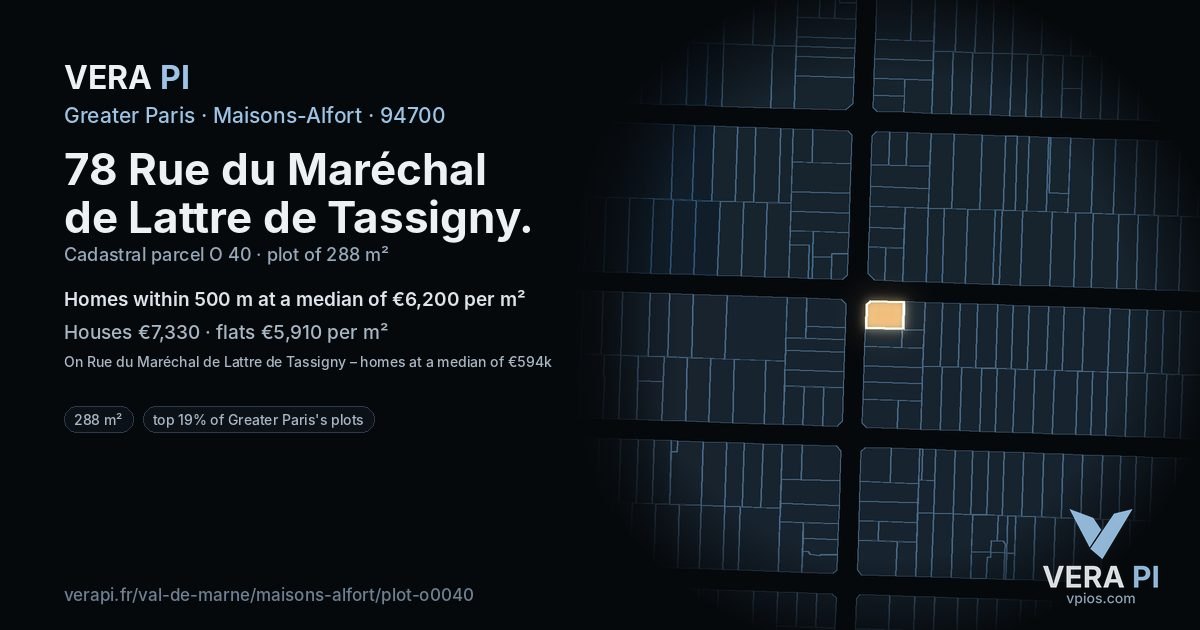 78 Rue du Maréchal de Lattre de Tassigny, Maisons-Alfort at night – the plot lit, the parcels around coloured by the prices near them