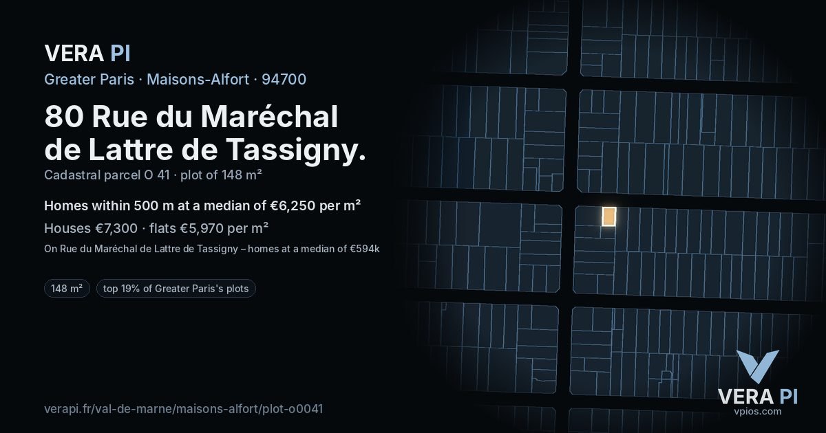 80 Rue du Maréchal de Lattre de Tassigny, Maisons-Alfort at night – the plot lit, the parcels around coloured by the prices near them