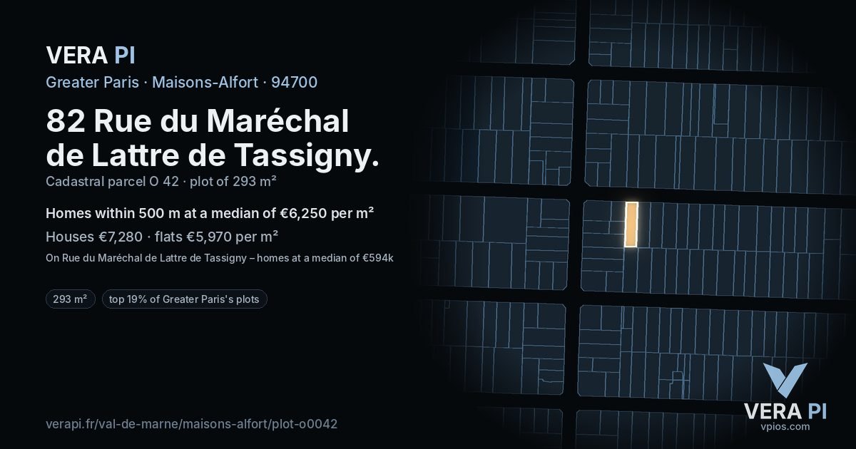 82 Rue du Maréchal de Lattre de Tassigny, Maisons-Alfort at night – the plot lit, the parcels around coloured by the prices near them