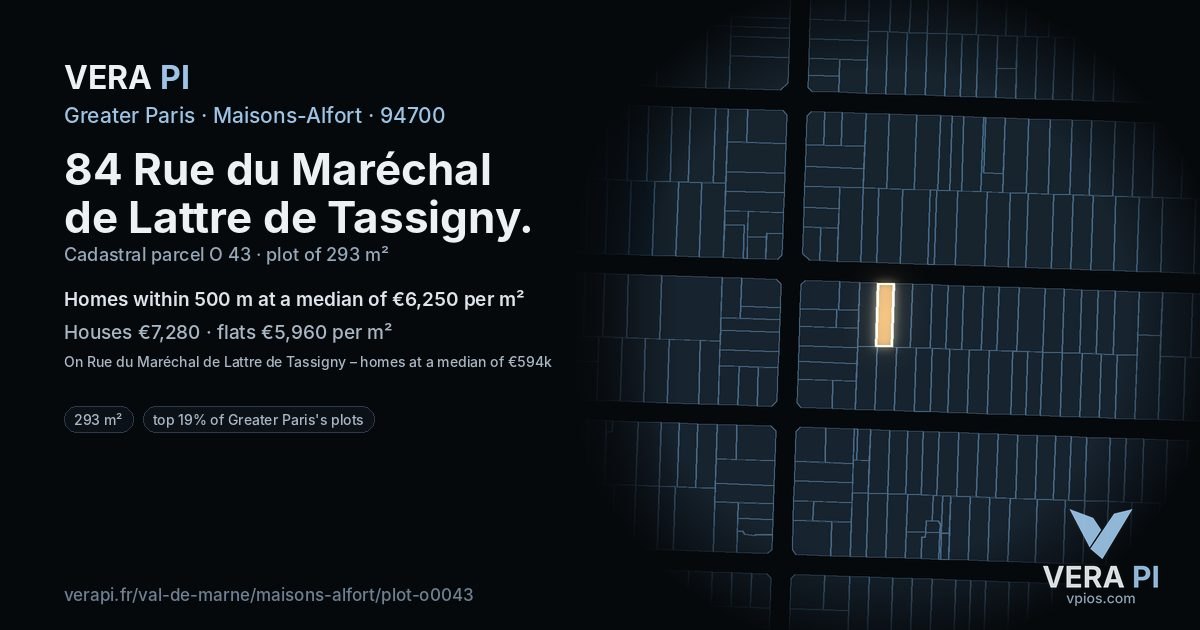 84 Rue du Maréchal de Lattre de Tassigny, Maisons-Alfort at night – the plot lit, the parcels around coloured by the prices near them
