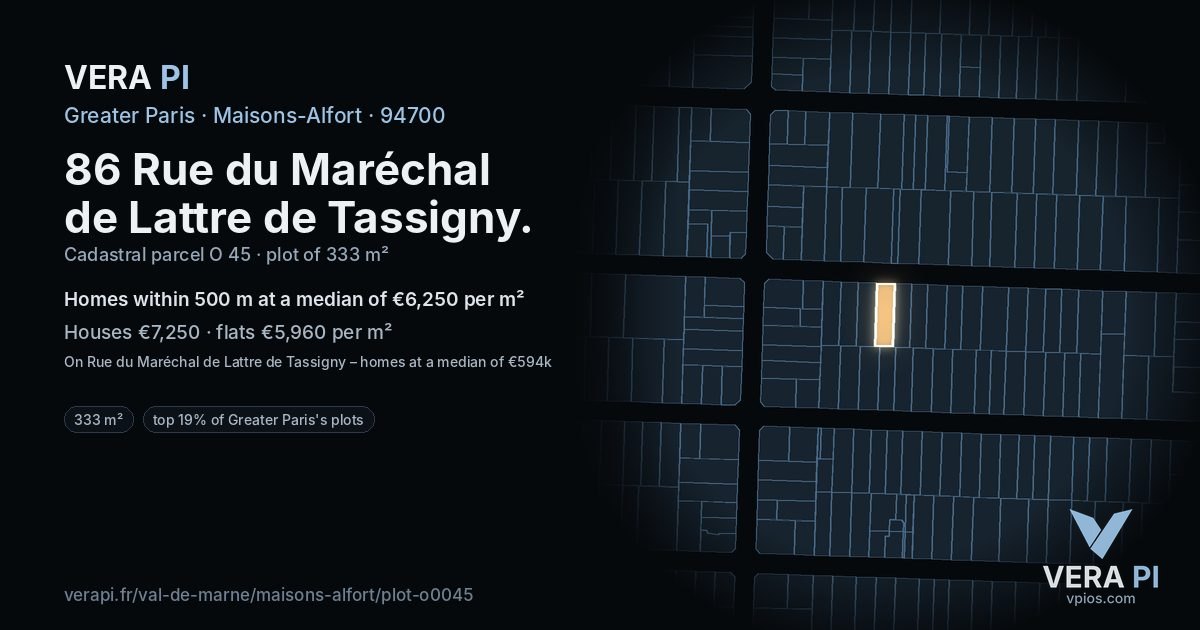 86 Rue du Maréchal de Lattre de Tassigny, Maisons-Alfort at night – the plot lit, the parcels around coloured by the prices near them