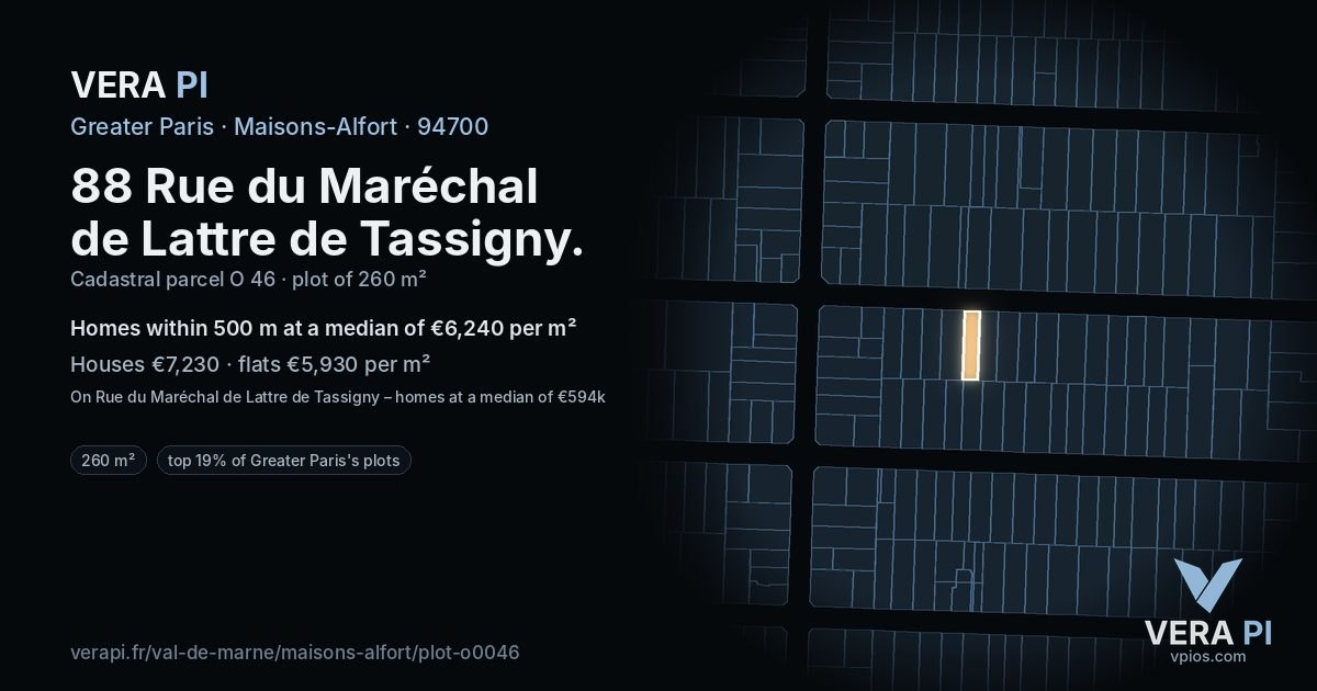88 Rue du Maréchal de Lattre de Tassigny, Maisons-Alfort at night – the plot lit, the parcels around coloured by the prices near them