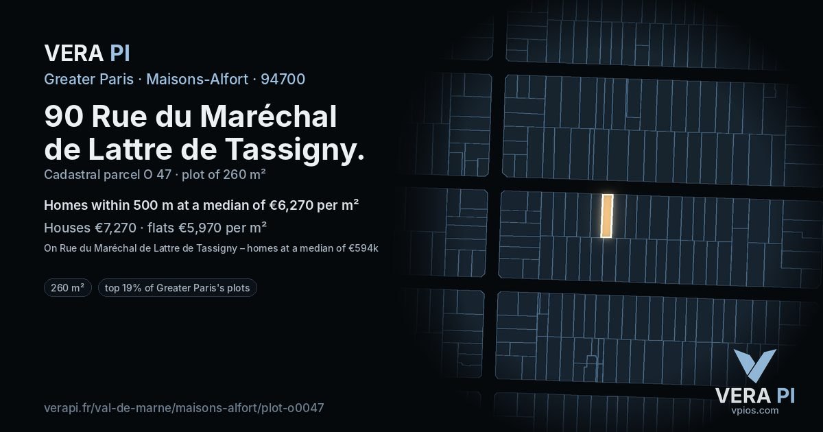 90 Rue du Maréchal de Lattre de Tassigny, Maisons-Alfort at night – the plot lit, the parcels around coloured by the prices near them