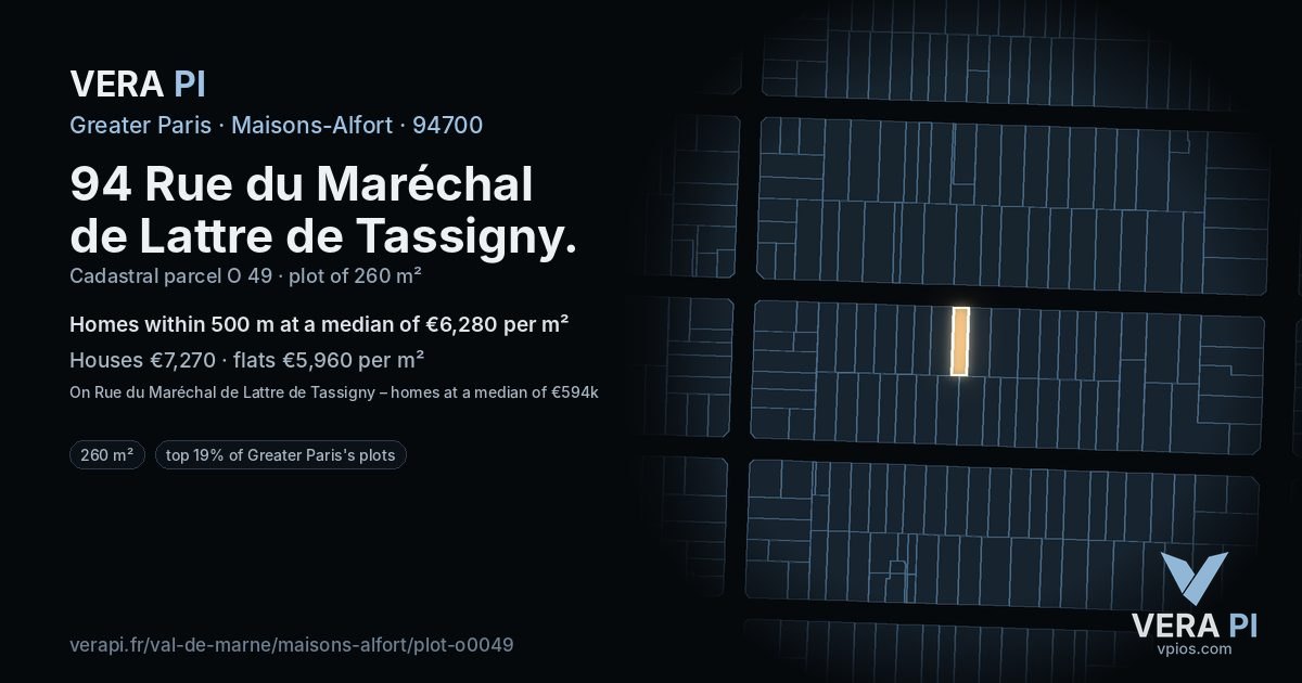 94 Rue du Maréchal de Lattre de Tassigny, Maisons-Alfort at night – the plot lit, the parcels around coloured by the prices near them